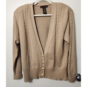 Yarnworks Vtg Beige Cable Knit XL V-Neck Cardigan Sweater Gold Button 80s Preppy